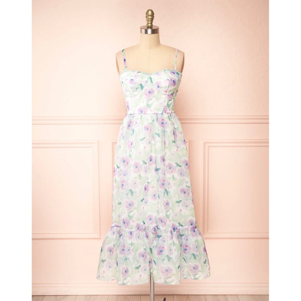 Storia Floral Smocked Back Ruffle Midi Dress Green Pink‎ Purple Large Whimsical